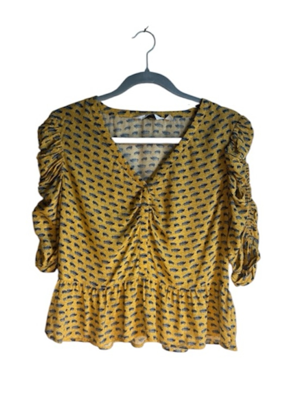 &Other Stories Silk & Viscose  Ruched Ruffle Blouse Yellow Blue Size 8